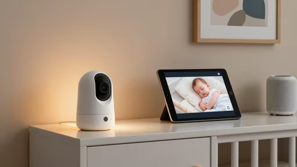 A white smart camera, tablet displaying a sleeping baby, and a smart speaker sit on a white dresser in a softly lit nursery.