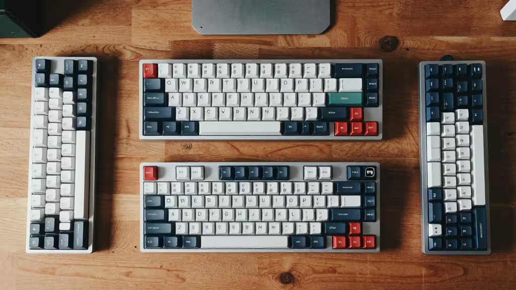 Three mechanical keyboards with Alice, 75%, and 60% layouts rest on a wooden desk.