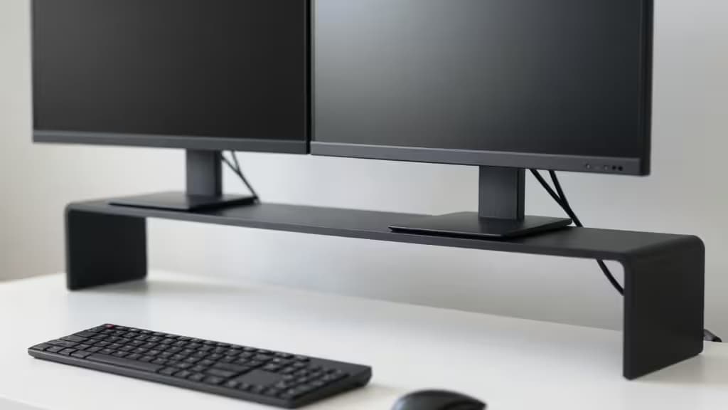 Black dual monitor arm elevates two screens vertically on a white desk.
