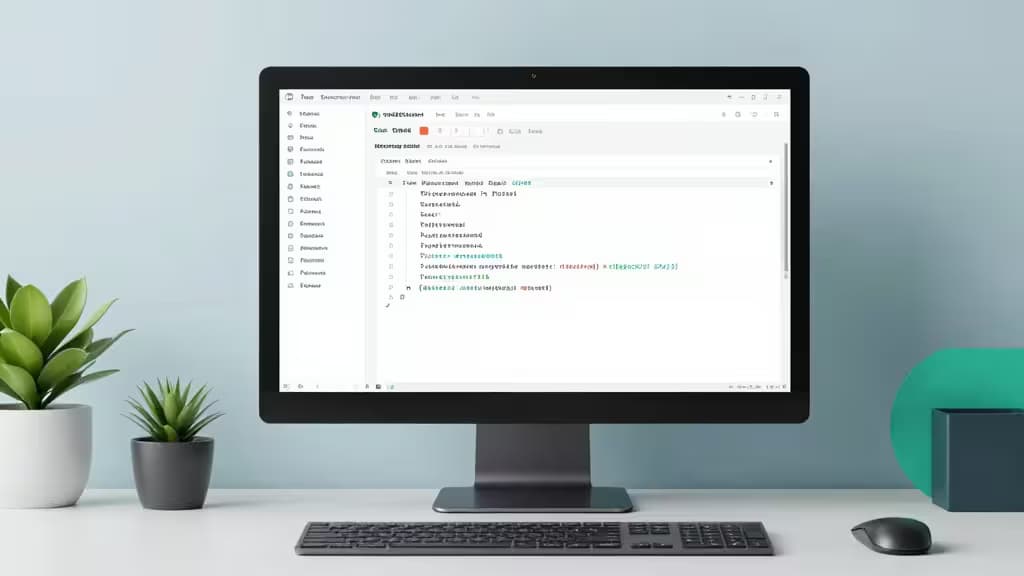A sleek desktop setup displays a PostgreSQL database management tool interface on a monitor, flanked by potted plants.