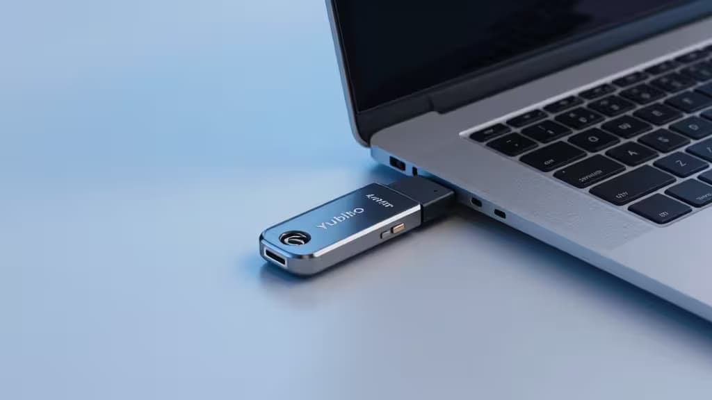 Een stijlvolle YubiKey security key aangesloten op een laptop, met het metalen ontwerp en compacte formaat goed zichtbaar.
