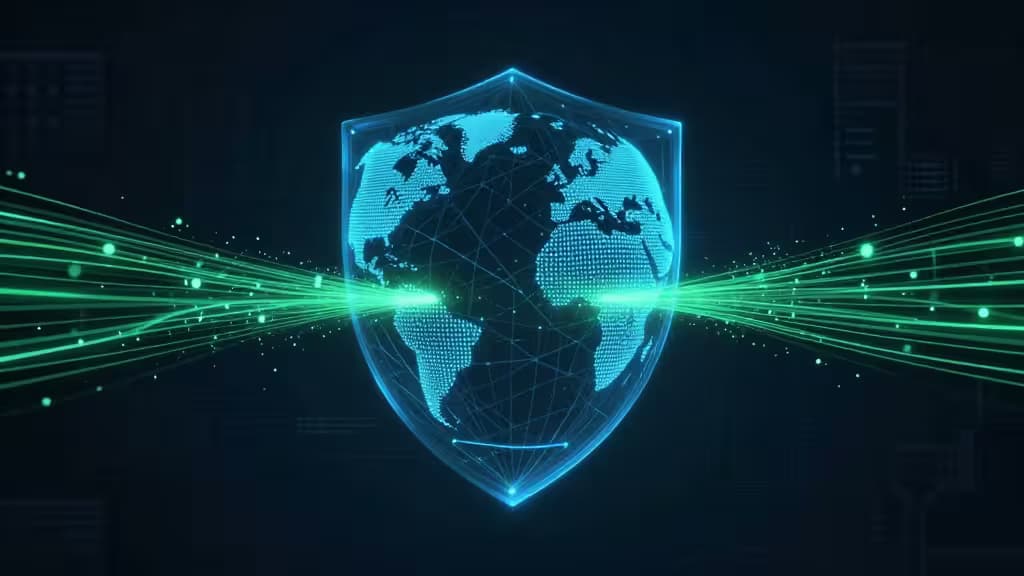 Ein leuchtendes blaues Schild umhüllt einen digitalen Globus, während grüne Laserstrahlen hindurchdringen und sichere, verschlüsselte globale Netzwerktunnel symbolisieren.
