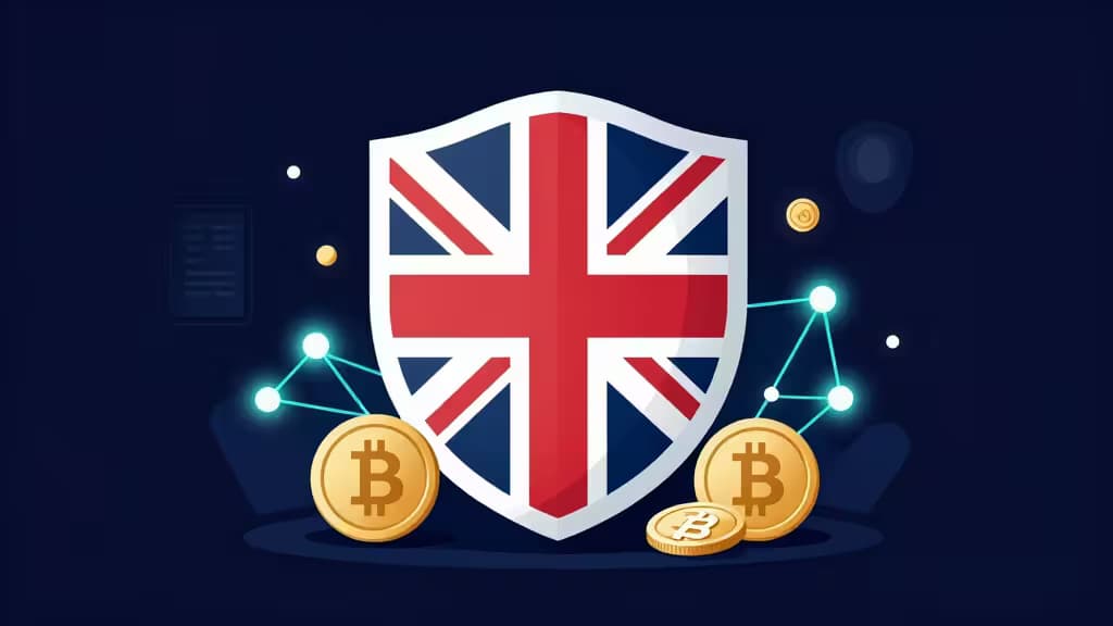 Tarcza w motywach Union Jack chroni złote monety Bitcoin na tle świecących węzłów blockchain na ciemnoniebieskim tle.