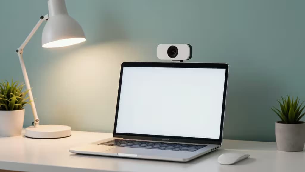 Webcam blanche posée sur un ordinateur portable argenté sur un bureau minimaliste, entourée de plantes en pot et d'une lampe moderne.