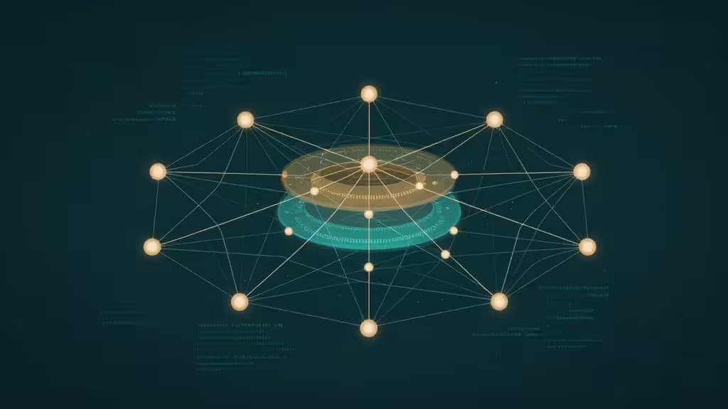 Glowing nodes connect via thin lines around layered translucent discs against a dark teal background, symbolizing MCP server architecture.