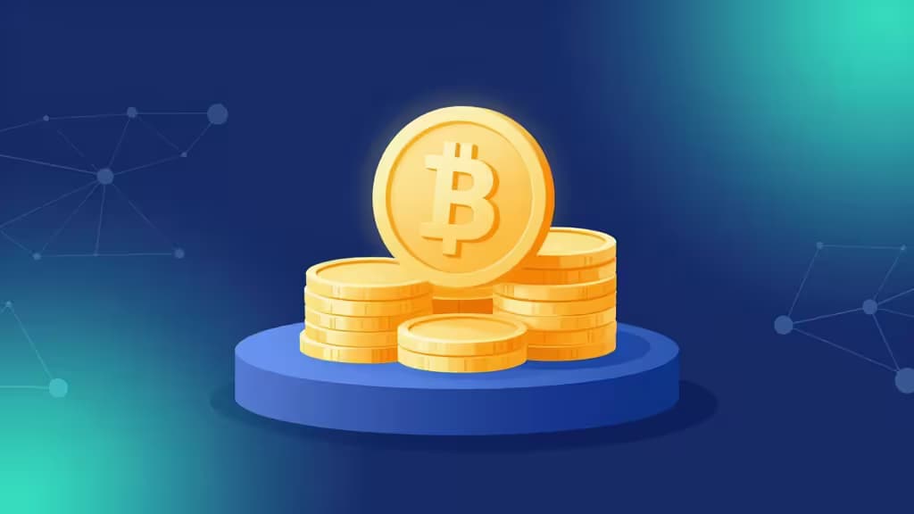 Moedas de criptomoeda douradas empilhadas sobre um pedestal minimalista com nós de rede conectados ao fundo, representando staking de criptomoedas