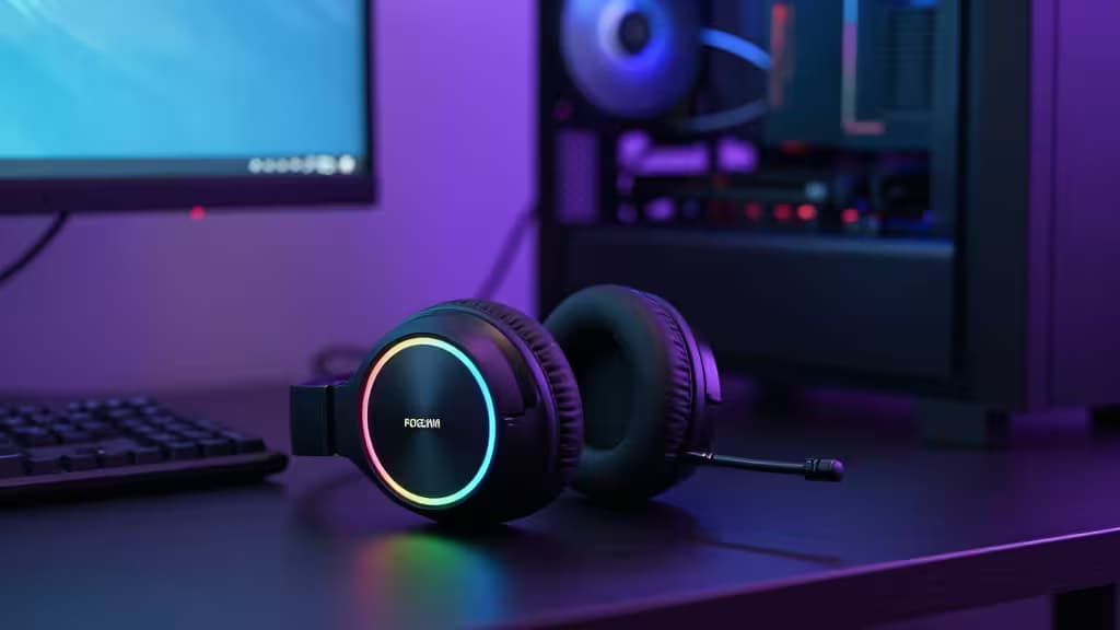 RGB-lit gaming headset rests on desk beside PC tower and monitor.