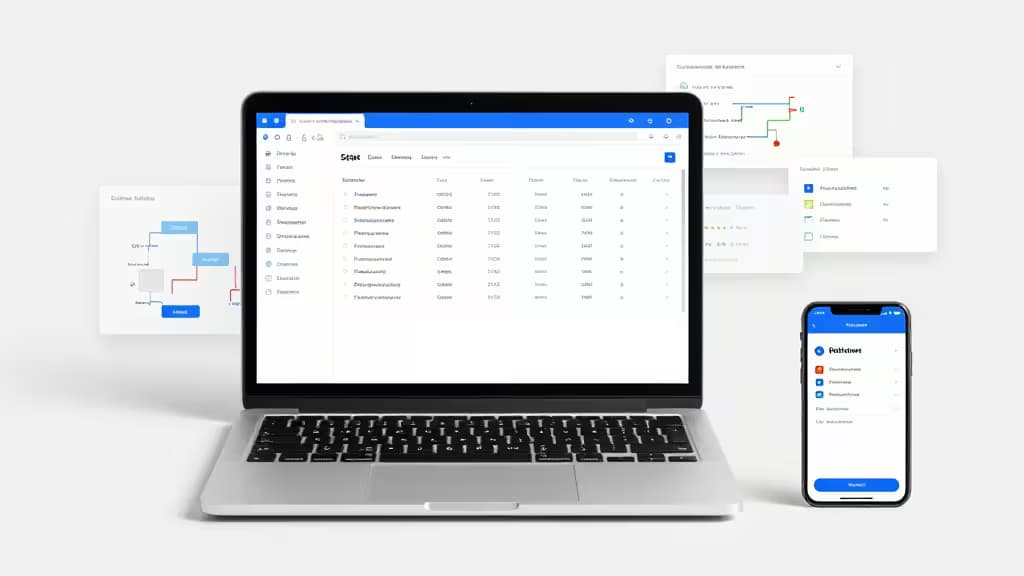 Laptop and smartphone display SQLite database management interfaces with flowcharts and data tables.
