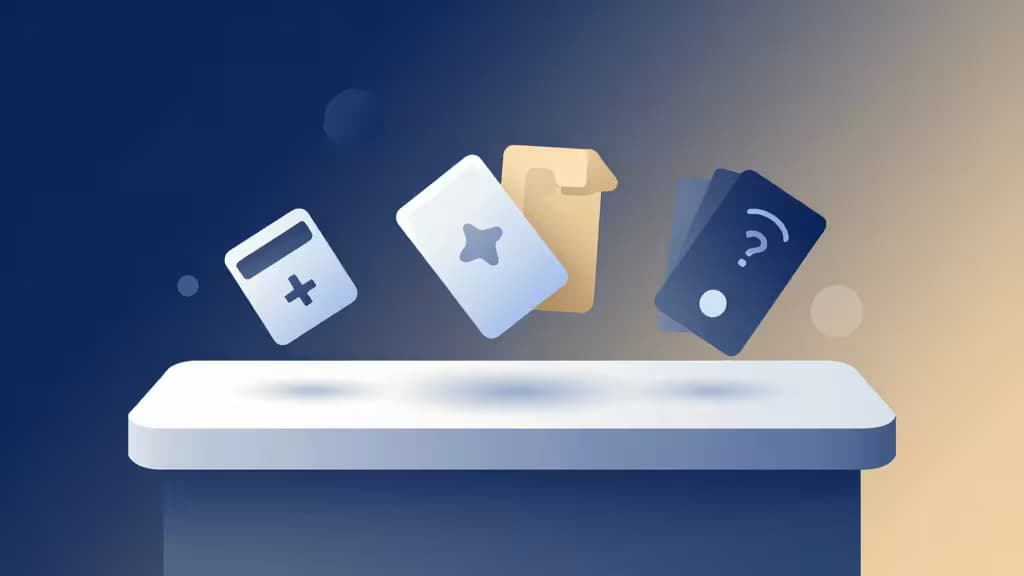 Illustrazione astratta fintech con carte di pagamento fluttuanti, una calcolatrice e un pacco sopra un piedistallo bianco su sfondo a gradiente blu-oro.