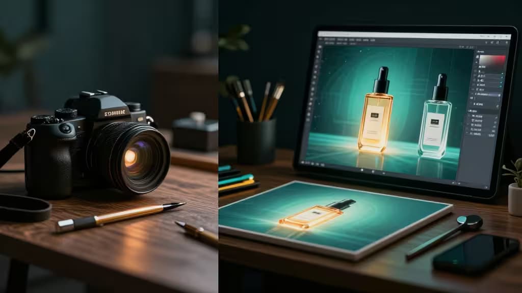 Een camera en digitaal tablet tonen een professionele productfotografie-bewerkingsworkflow op een houten bureau.