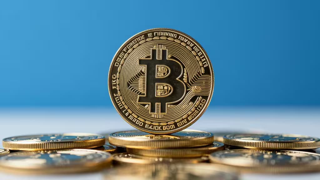 Стопка золотых Bitcoin-монет на синем фоне — символ сравнения крипто-офф-рампов для вывода на банковский счёт в 2026 году.