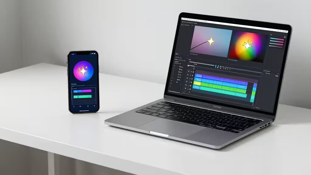 Un laptop argentato e uno smartphone nero mostrano interfacce di editing video luminose su una scrivania bianca.