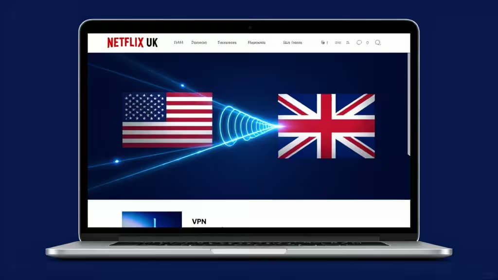 Laptop screen displays US and UK flags connected by blue VPN beam under Netflix UK header.