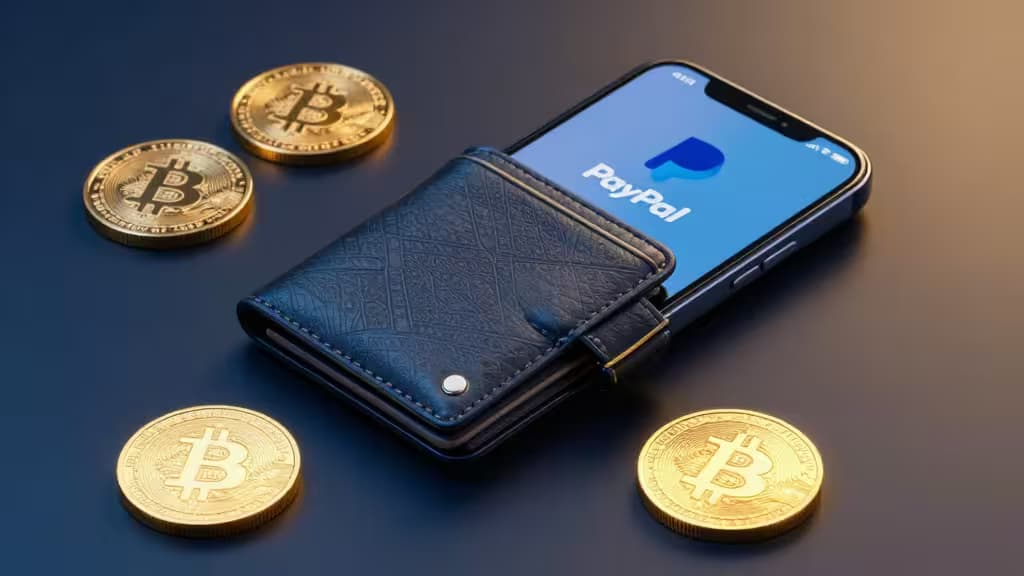 Gold Bitcoin coins surround a smartphone displaying PayPal, nestled in a textured leather wallet.