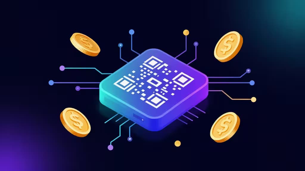 Rappresentazione astratta di un ecosistema wallet per Solana: un dispositivo hardware wallet luminoso con pattern di codici QR circondato da monete dorate e connessioni circuituali su sfondo blu scuro