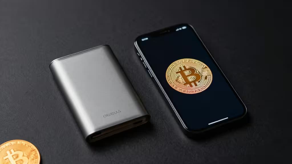 Silver Ordinas wallet beside iPhone displaying Bitcoin logo on dark textured surface.