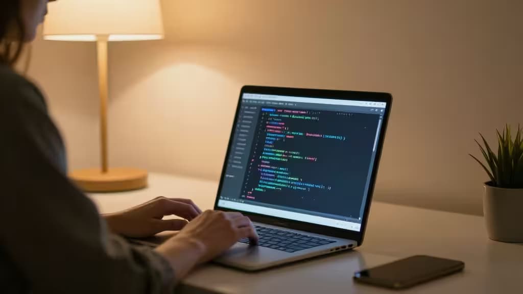 Person types on laptop displaying AI-generated code, with warm lamp and plant nearby.