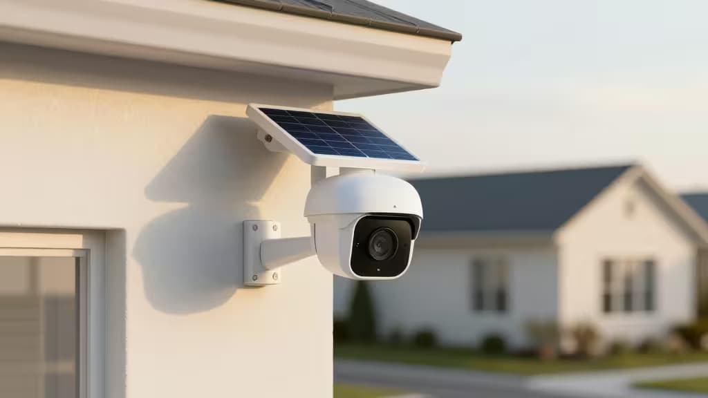 Cámara de seguridad solar blanca con panel integrado montada en una pared de estuco, orientada hacia una vivienda suburbana bajo luz diurna suave.