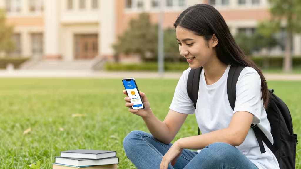 Student na kampusie sprawdza aplikację oszczędnościową na smartfonie, obok książki i plecak, słoneczne popołudnie.