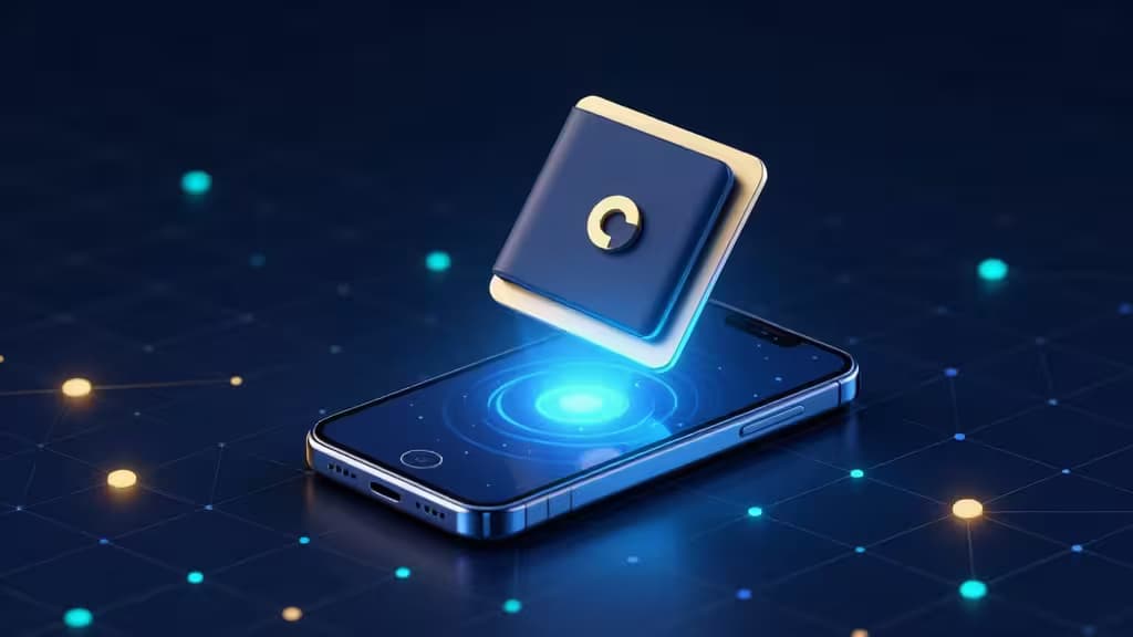 Uma carteira hardware azul paira sobre um smartphone, emitindo uma luz azul brilhante, contra um fundo de rede digital escura.