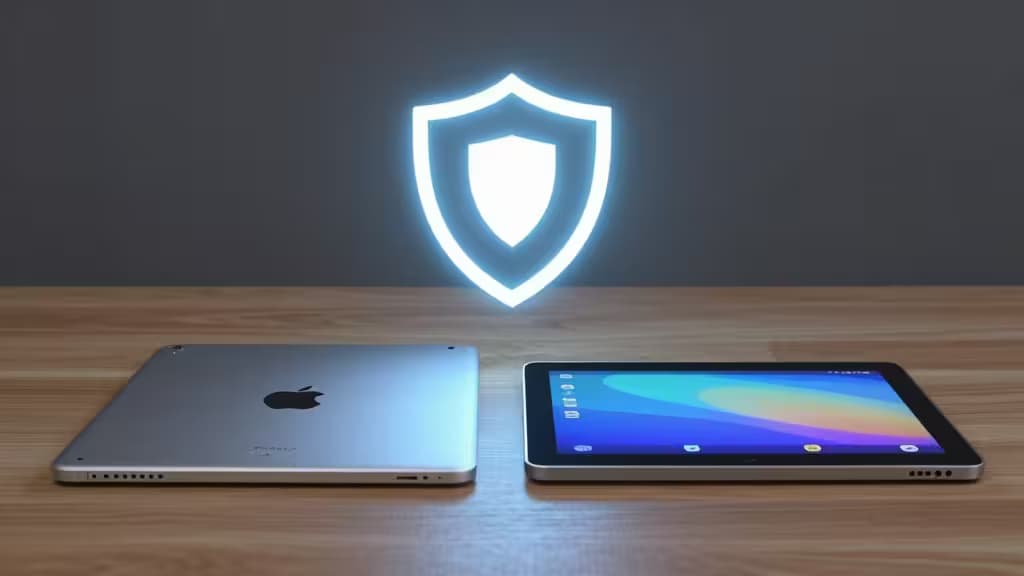 Silbernes iPad und schwarzes Android-Tablet auf Holztisch, darüber schwebendes leuchtendes Schutzschild.