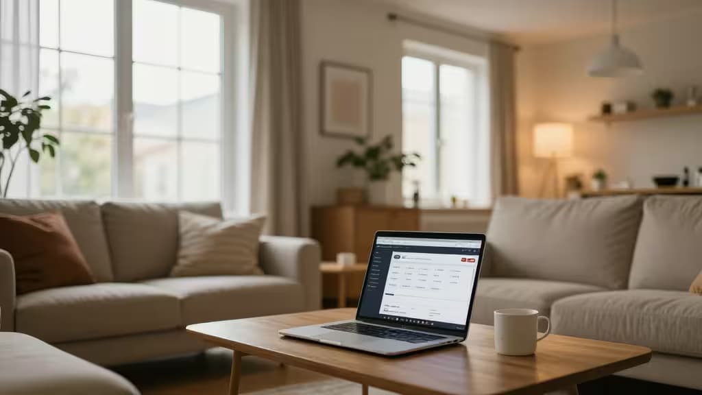 A bright, modern short-term rental apartment with minimalist Scandinavian decor, warm lighting, and a laptop displaying a property listing on the coffee table.