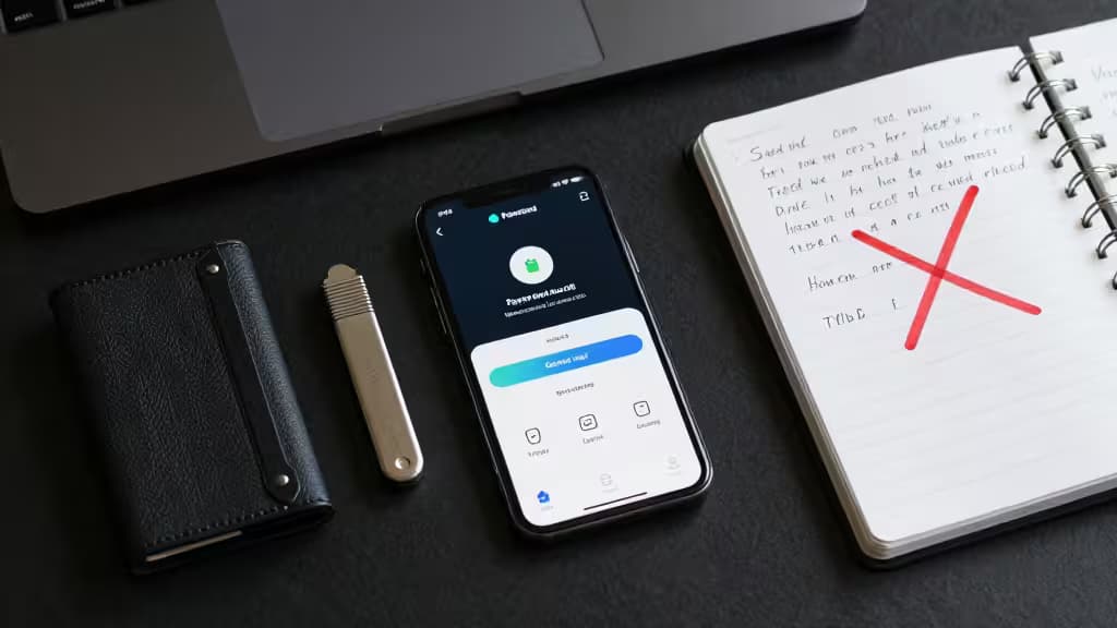 A smartphone displaying a password manager app sits beside a hardware wallet and notebook on a dark desk.