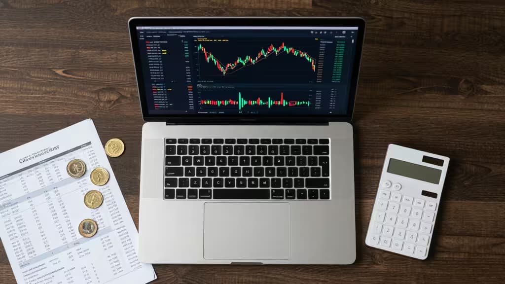 Laptop displays crypto charts, coins rest on tax forms beside calculator on wooden desk.