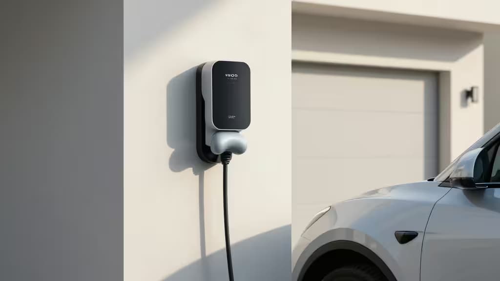 A sleek black smart EV charger mounted on a white wall, with a silver car plugged in.