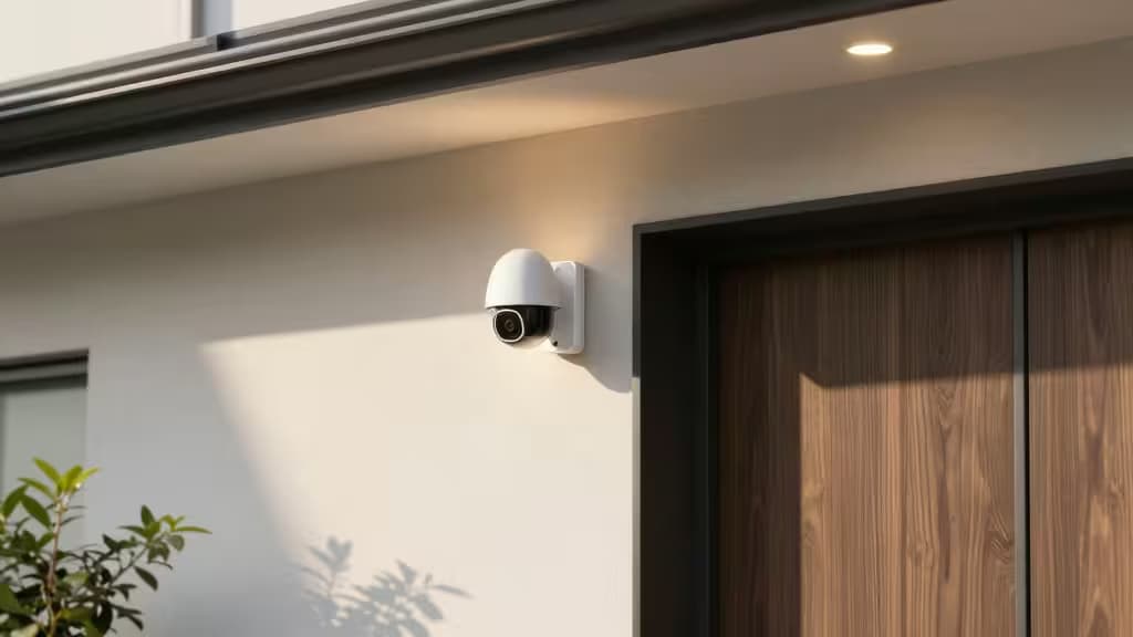 Sleek white security camera mounted on modern Japanese home wall, no subscription needed.