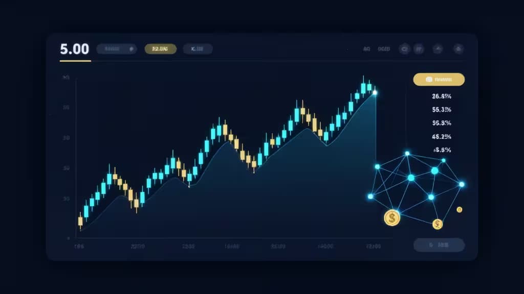 Abstract cryptocurrency trading dashboard with glowing candlestick charts and blockchain network nodes on a dark navy background with blue and gold accents