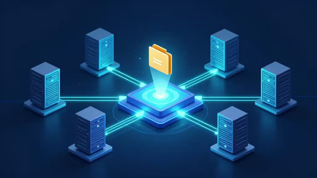 Abstract illustration of cloud file storage infrastructure with glowing data streams connecting server racks and floating file icons