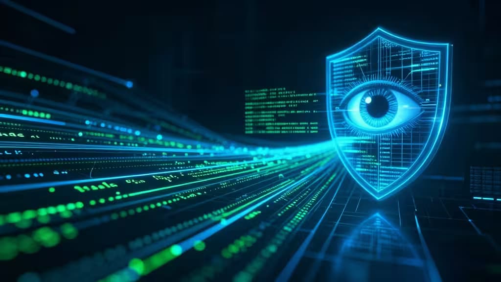 A glowing blue shield with an eye hovers over flowing green code streams, symbolizing AI-driven security monitoring.