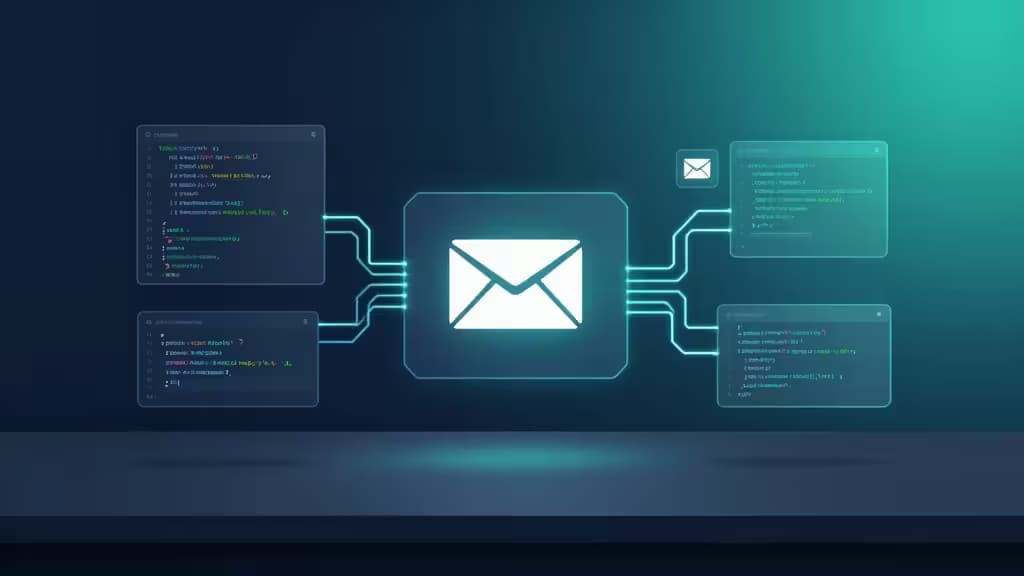Glowing email icon connects to code panels, symbolizing transactional email APIs integrated with dev tools like AWS Secrets Manager and Railway.