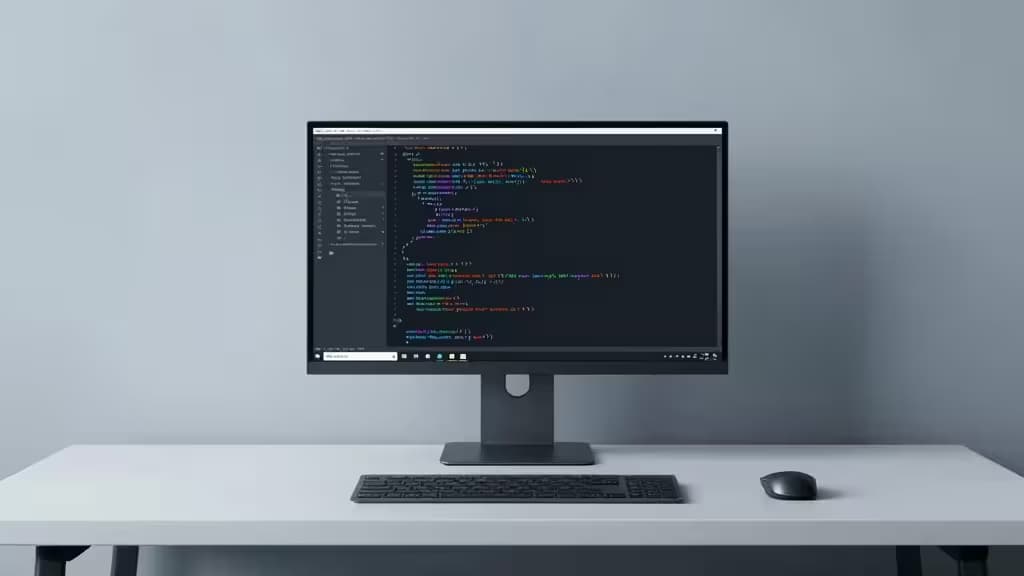 Sleek black monitor displaying colorful code on a white desk, minimalist setup with keyboard and mouse.