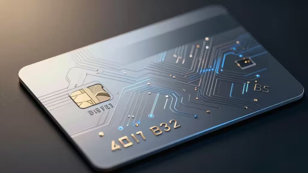 Sleek metallic crypto debit card with blue circuitry and gold accents on dark background.