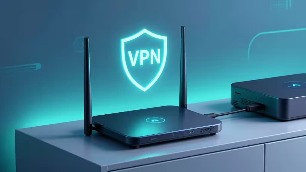 A modern Wi-Fi router with a glowing VPN shield icon, connected to a streaming media device on a minimalist entertainment center with soft blue ambient lighting.