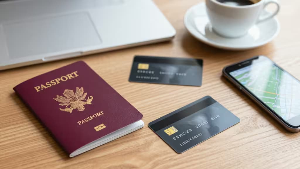 Maroon passport, two black credit cards, laptop, smartphone, and coffee on wooden desk.