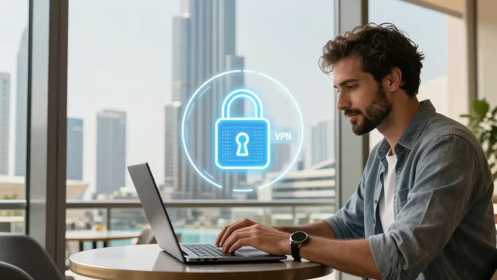 Hombre escribiendo en una laptop en un café de Dubái, con un candado holográfico de VPN flotando junto a él.
