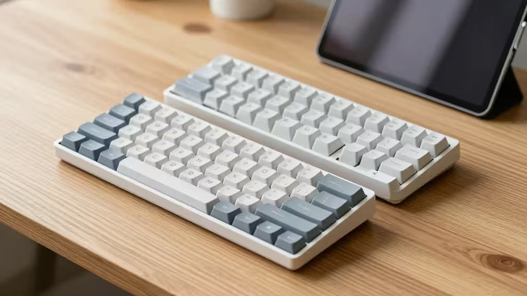 Two compact Bluetooth keyboards with white and gray keys rest on a wooden desk beside an iPad.