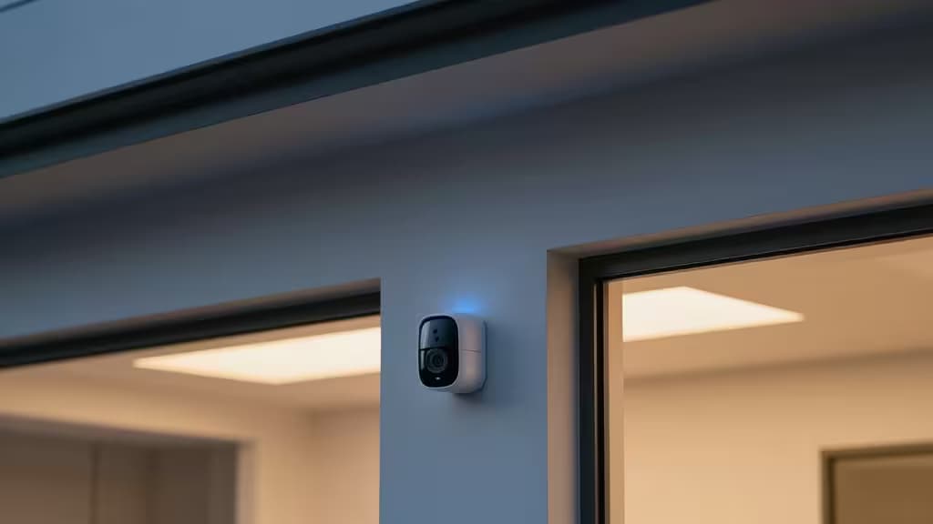 Een strakke witte beveiligingscamera met blauwe LED-indicator is gemonteerd op een gladde, lichtgrijze binnenmuur tussen twee grote glazen garagedeuren.