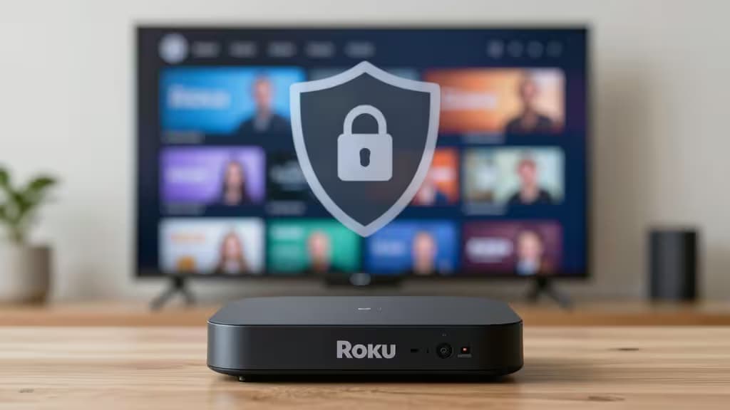 Black Roku device on wood table, shield icon with lock overlays blurred TV screen.