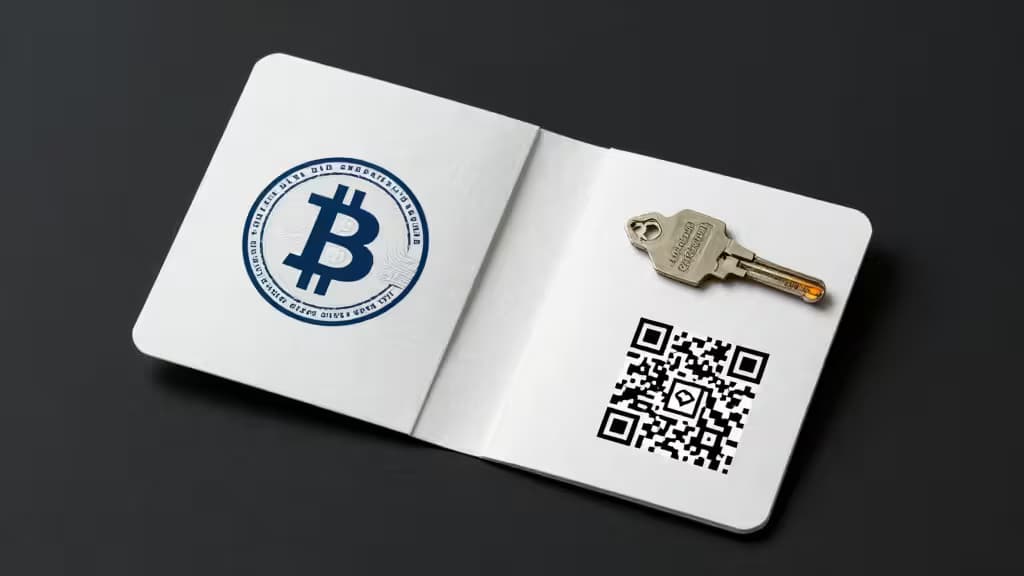White paper wallet with Bitcoin logo, key, and QR code on dark background.