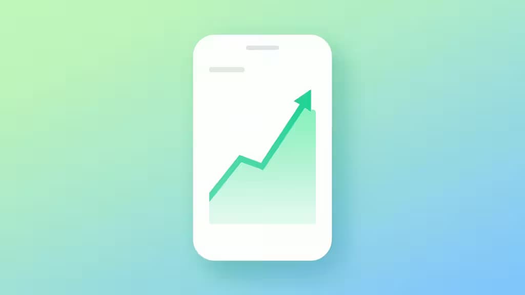 Un teléfono blanco muestra un gráfico verde ascendente sobre fondo degradado verde-azul, simbolizando crecimiento financiero accesible.