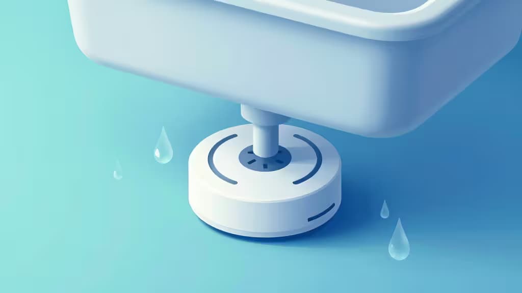 Abstract illustration of a smart water leak detector sensor placed under a kitchen sink with soft blue and teal lighting and water droplet motifs.