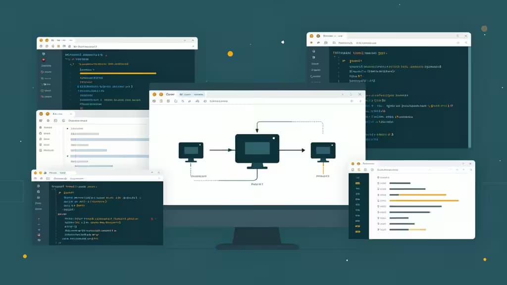 Multiple overlapping windows display code editors, API testing interfaces, and system diagrams against a teal background.