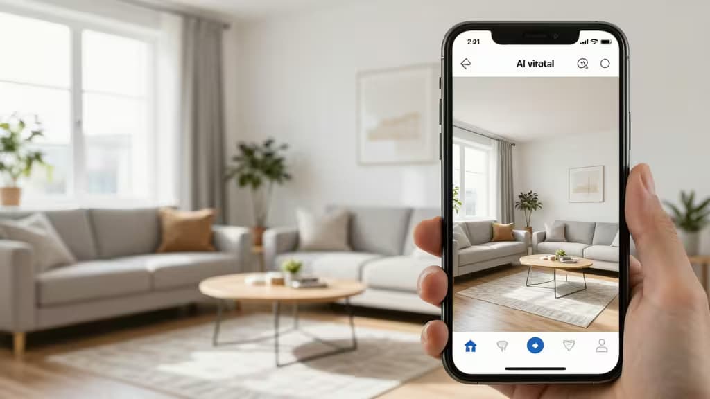 Uma mão segura um smartphone exibindo uma foto de sala de estar com staging virtual por IA, refletindo o espaço real desfocado ao fundo.