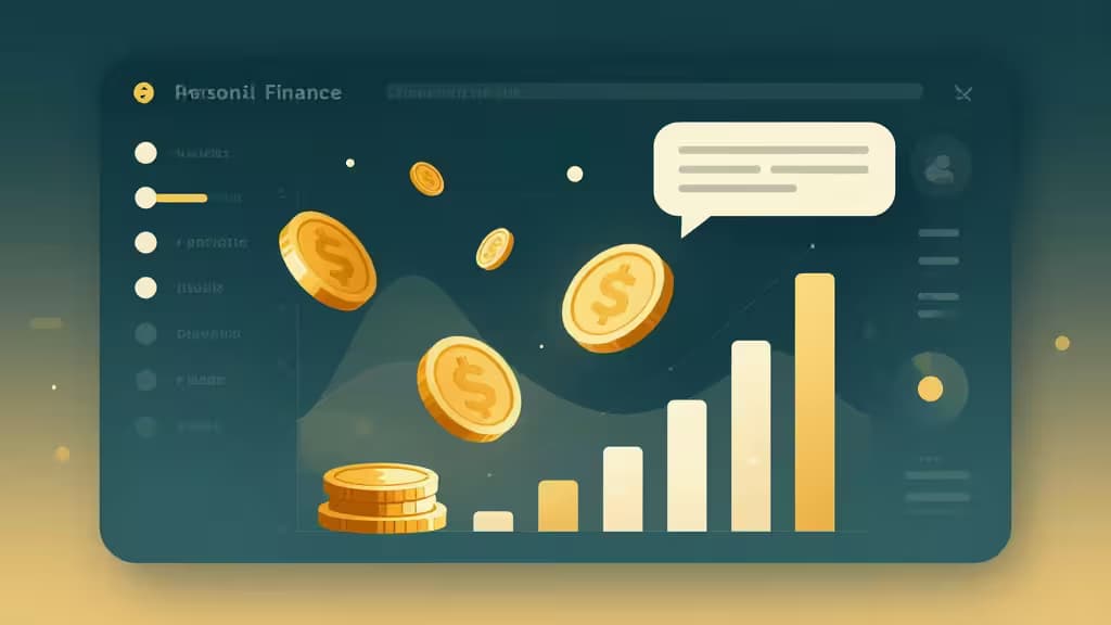 Abstract editorial illustration of a personal finance dashboard with floating coins, bar charts, and conversational chat bubbles in deep teal and warm gold.