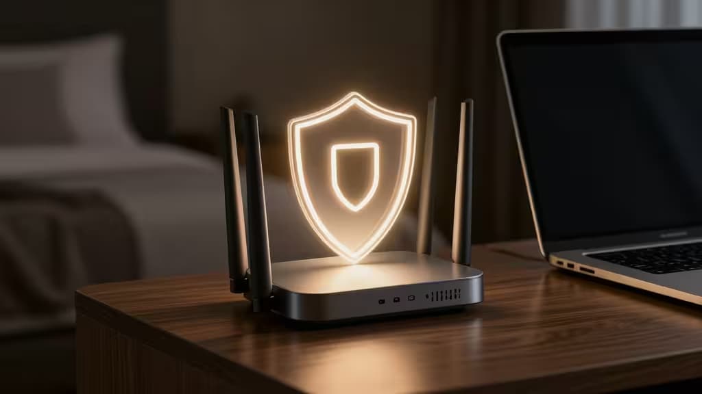 Een compacte zilveren travel router staat op een houten hotelbureau naast een laptop en straalt een gloeiend schildsymbool uit als teken van beveiligde, versleutelde Wi-Fi voor aangesloten apparaten.