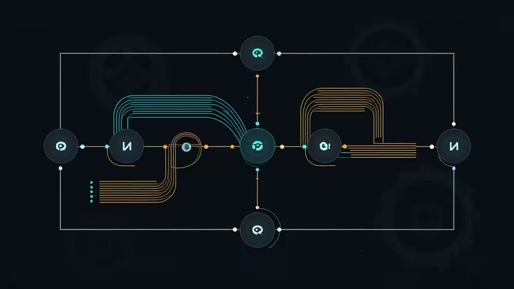 Glowing cyan and gold circuit lines connect dark circular nodes, forming a complex directed acyclic graph on a black background.